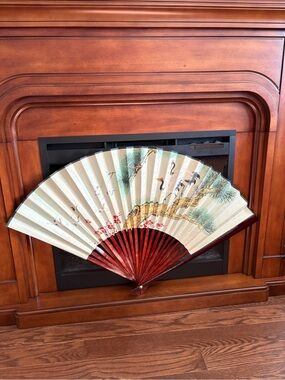 Vintage Asian Inspired Wall Fan 37” Crane Pine Tree Boho Art